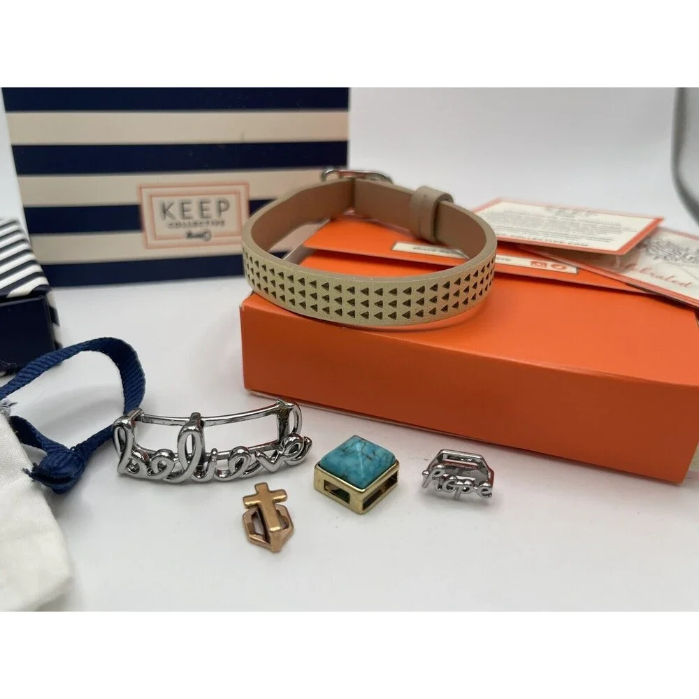 Keep Collective Single Leather Band Triangle Perf In Natural Tan & 4 Charm Lot